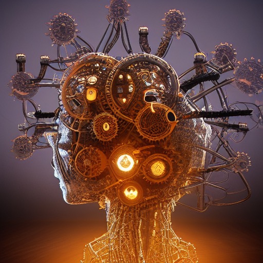 ultrarealistic steam punk neural network machine in the shape of a brain, placed on a pedestal, covered with neurons made of gears. dramatic lighting.%20